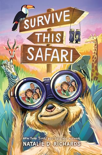 Illustrated book cover of Survive This Safari featuring a smiling sloth holding binoculars 