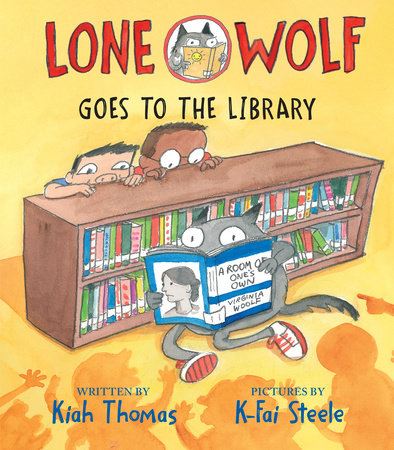 Cover of Lone Wolf Goes to the Library shows a cartoon wolf reading a book in front of a bookcase. 