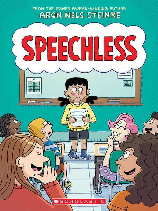 Speechless book cover Girl stands nervously before her laughing classmates in a classroom
